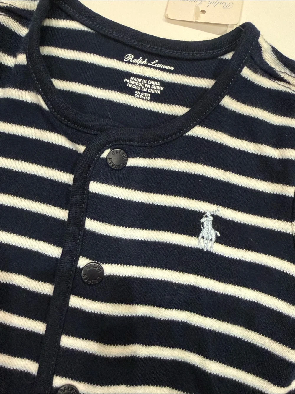 NWT Ralph Lauren Baby Navy White Striped Romper One Piece 6M Short Sleeve